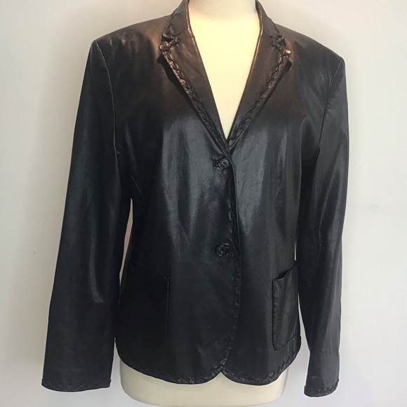 Rene Lezard black leather notched collar/zigzag stitching, 2 button blazer EU 42